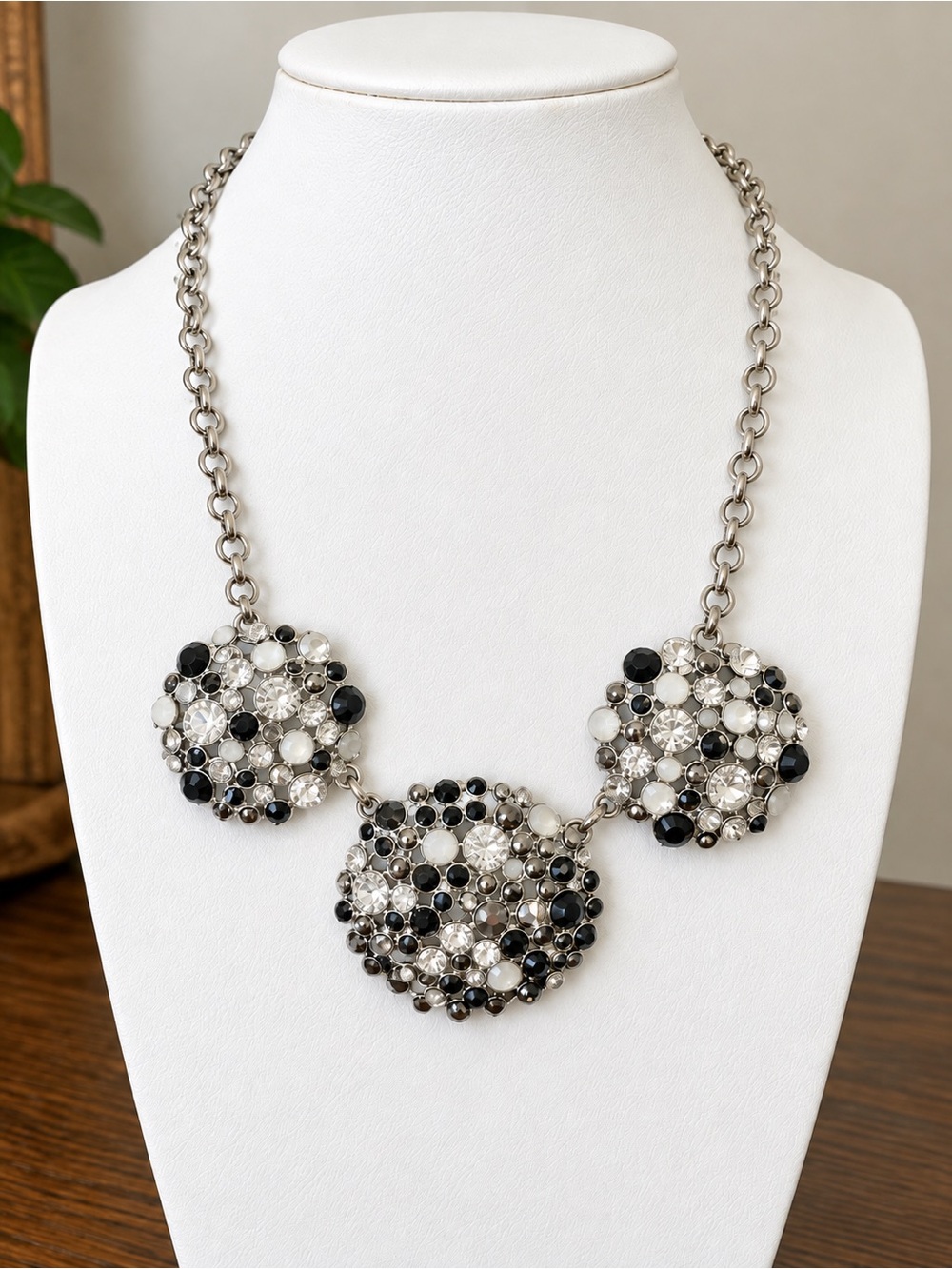 Chico's Black, White, & Crystal Rhinestone Cluster Bib Statement Necklace